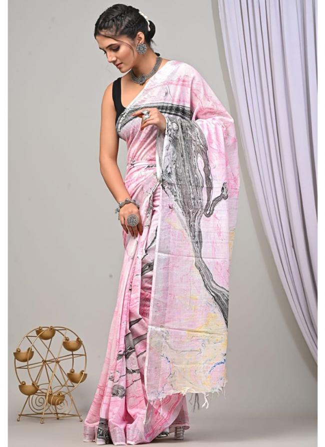 Pure Linen Cotton Pink Casual Wear Pure Hand Work Saree